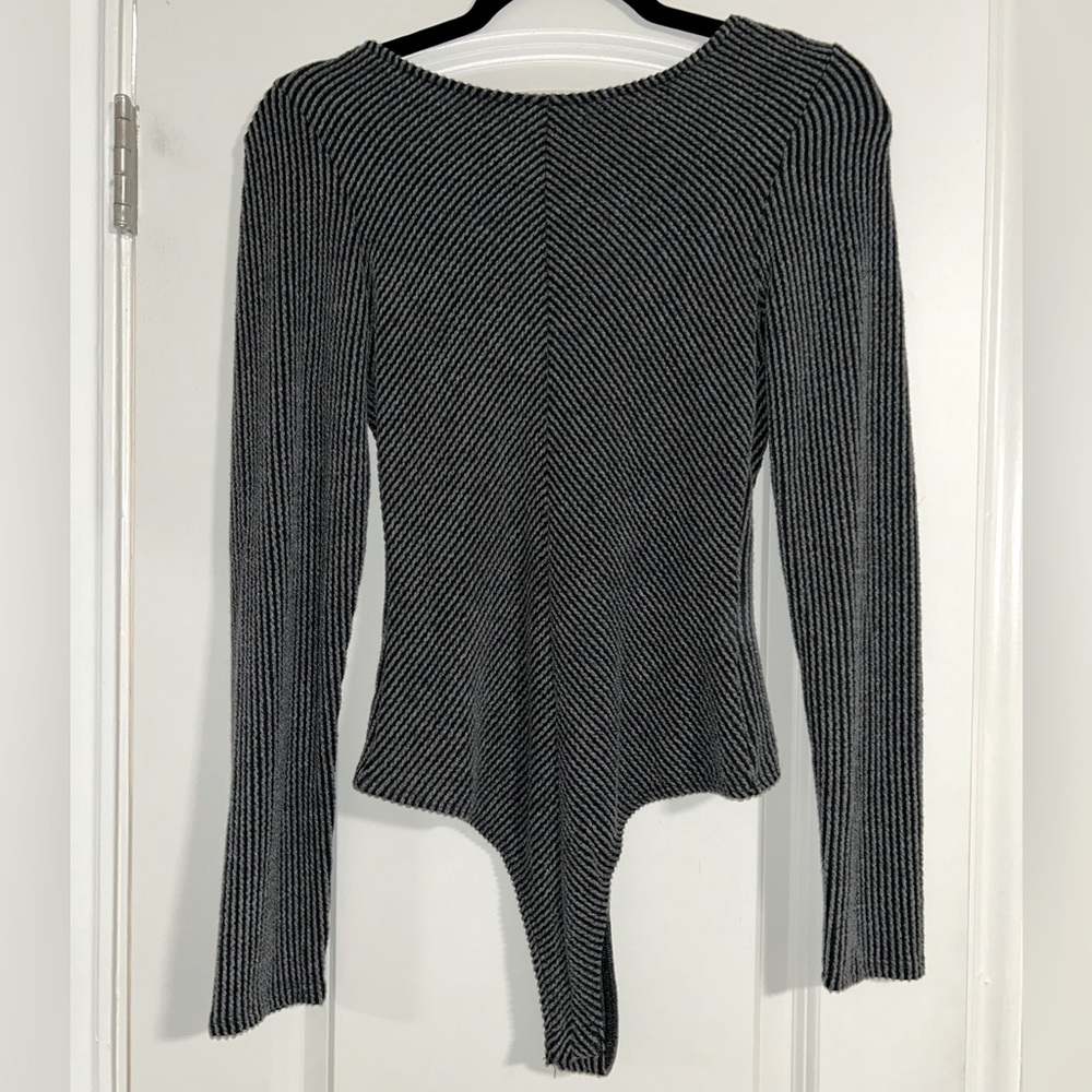 Pink Lily Black and Gray Striped Bodysuit